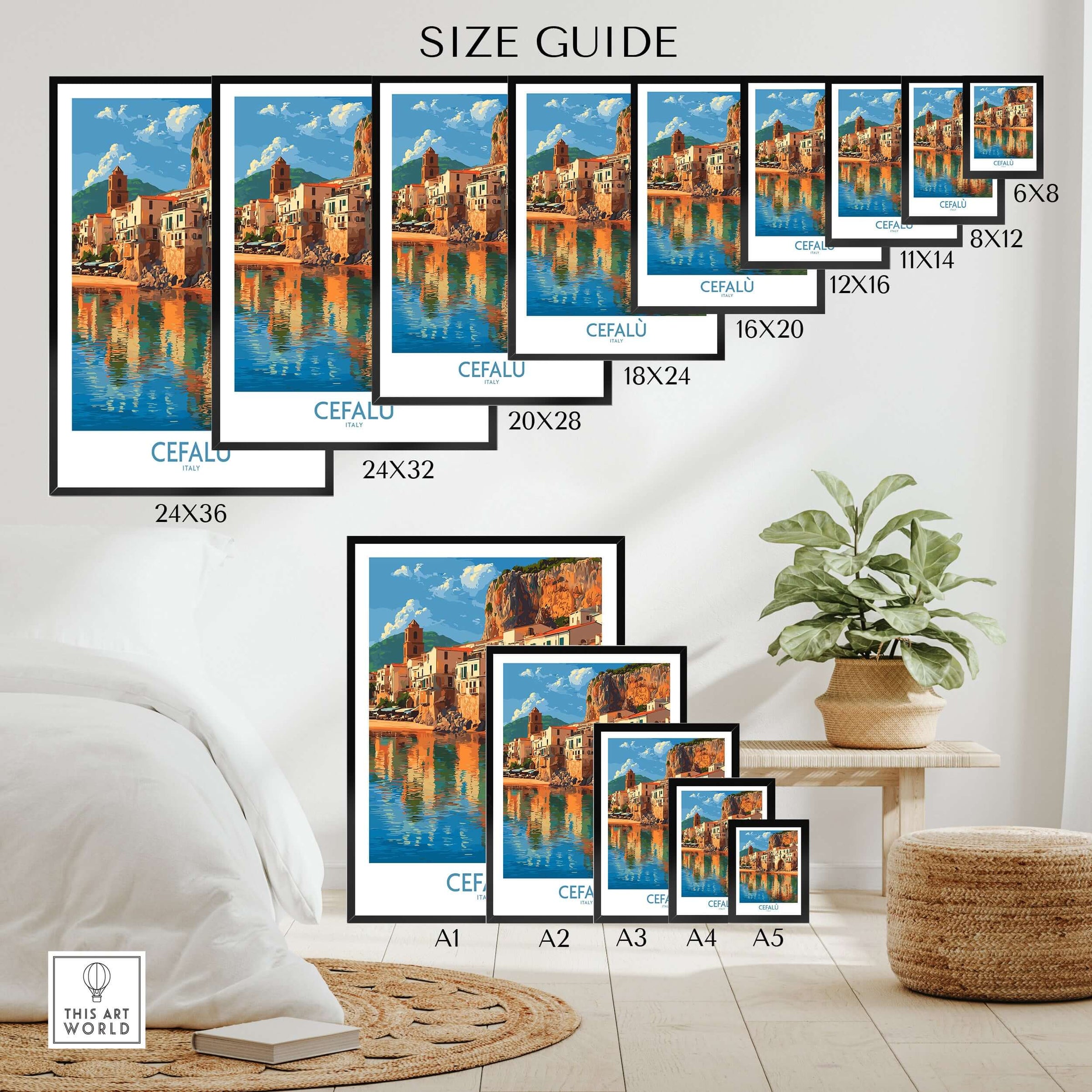 Cefalù Italy Mediterranean Beach Poster - Historic Seaside Travel Print size guide showcasing various frame sizes on display.