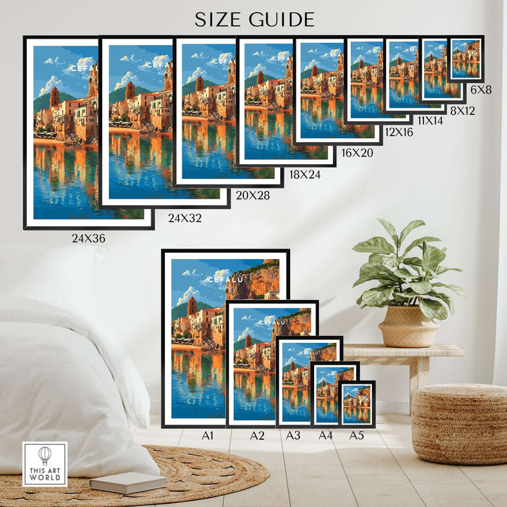 Size guide for Cefalù Italy travel print with various frame sizes displayed in a cozy home setting.