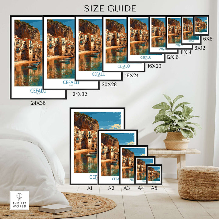 Cefalù Italy wall art size guide with various frame sizes displaying scenic coastal views.