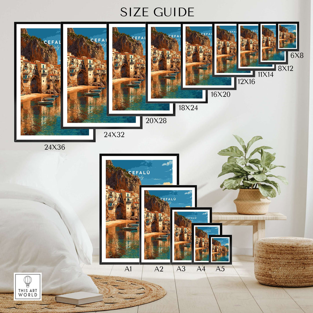 Cefalù Italy poster size guide featuring various framed options for Sicilian coastline art print.
