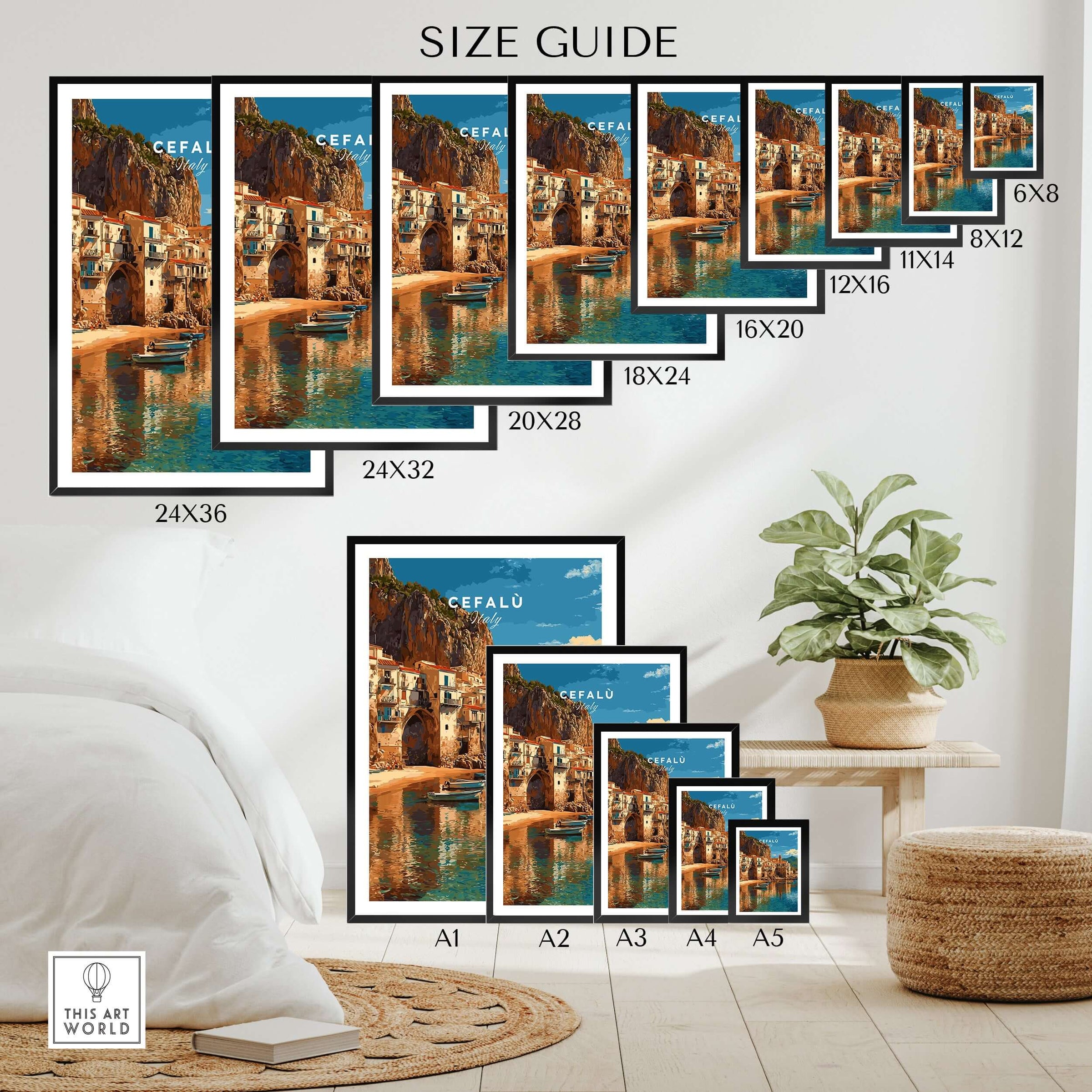 Cefalù Italy Poster - Sicilian Coastline Art Print Size Guide with framed examples and measurements