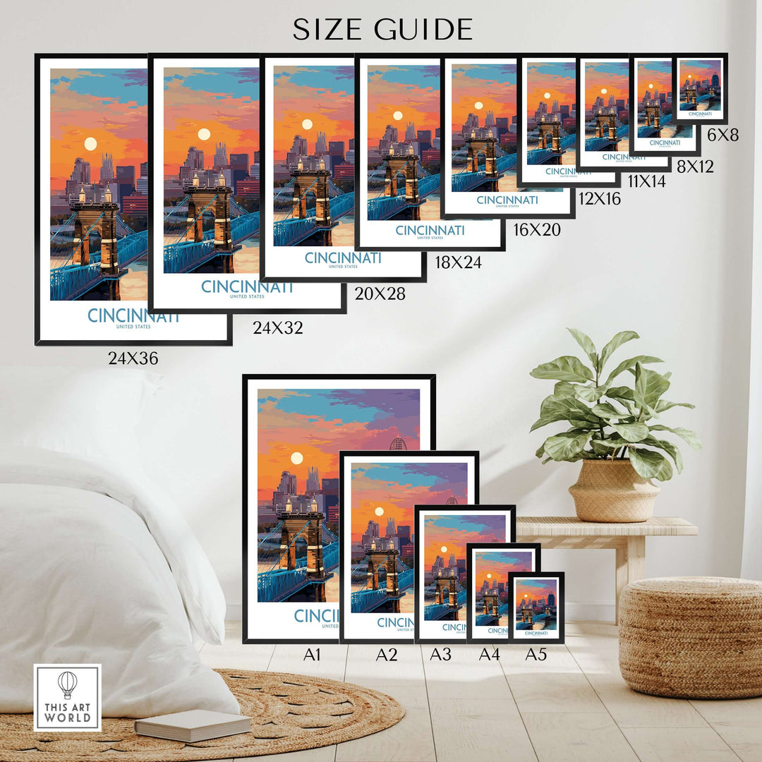 Cincinnati downtown cityscape print size guide showcasing various frame sizes for travel decor.