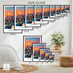 Cincinnati Ohio Downtown Cityscape Print - Ohio Travel Decor size guide showcasing various frame sizes.