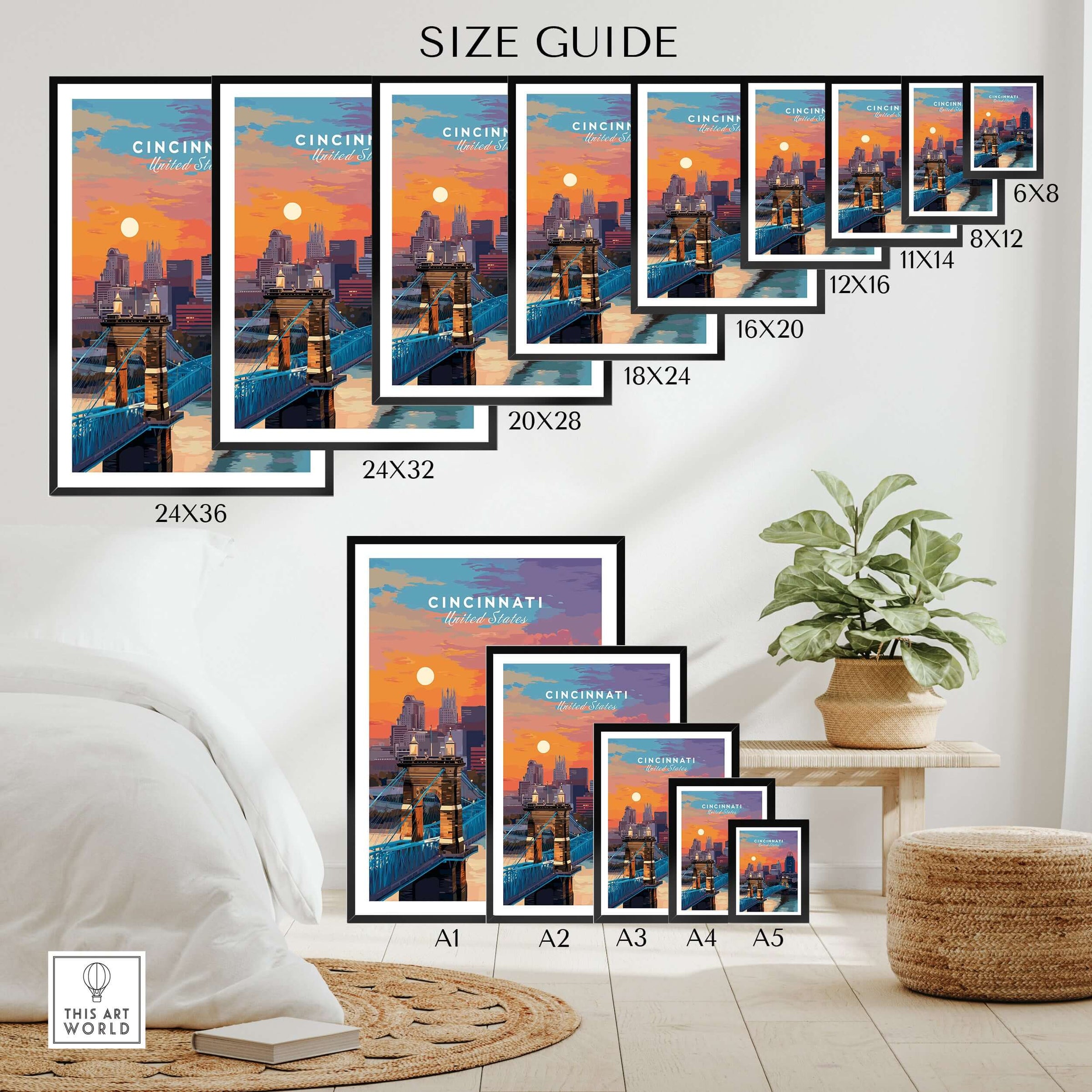 Cincinnati Ohio Sunset Skyline Poster - Roebling Bridge Wall Art size guide with various frame dimensions