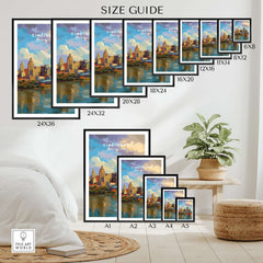 Cincinnati Ohio Skyline Print - Roebling Bridge Wall Art size guide showcasing various frame sizes.