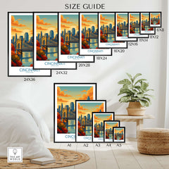 Cincinnati Skyline Print - Ohio Autumn Cityscape Decor size guide showcasing various print sizes.