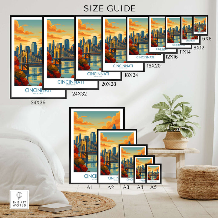 Cincinnati Skyline Print size guide showcasing various frame sizes for Ohio autumn decor.