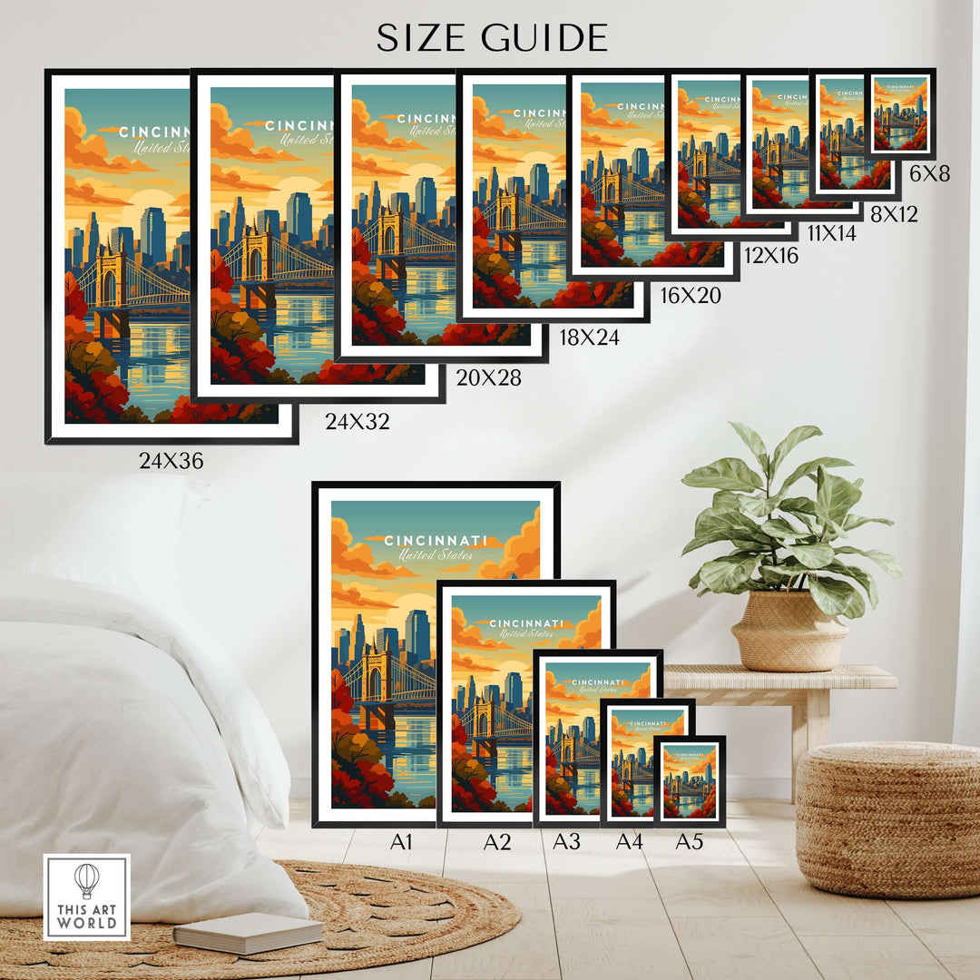 Cincinnati sunset river reflection poster size guide with various frame dimensions and cozy home setting.