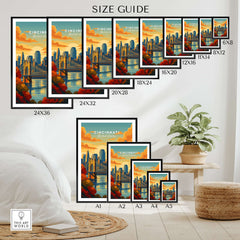 Cincinnati Sunset River Reflection Poster - Roebling Bridge Wall Art size guide showing various frame sizes.