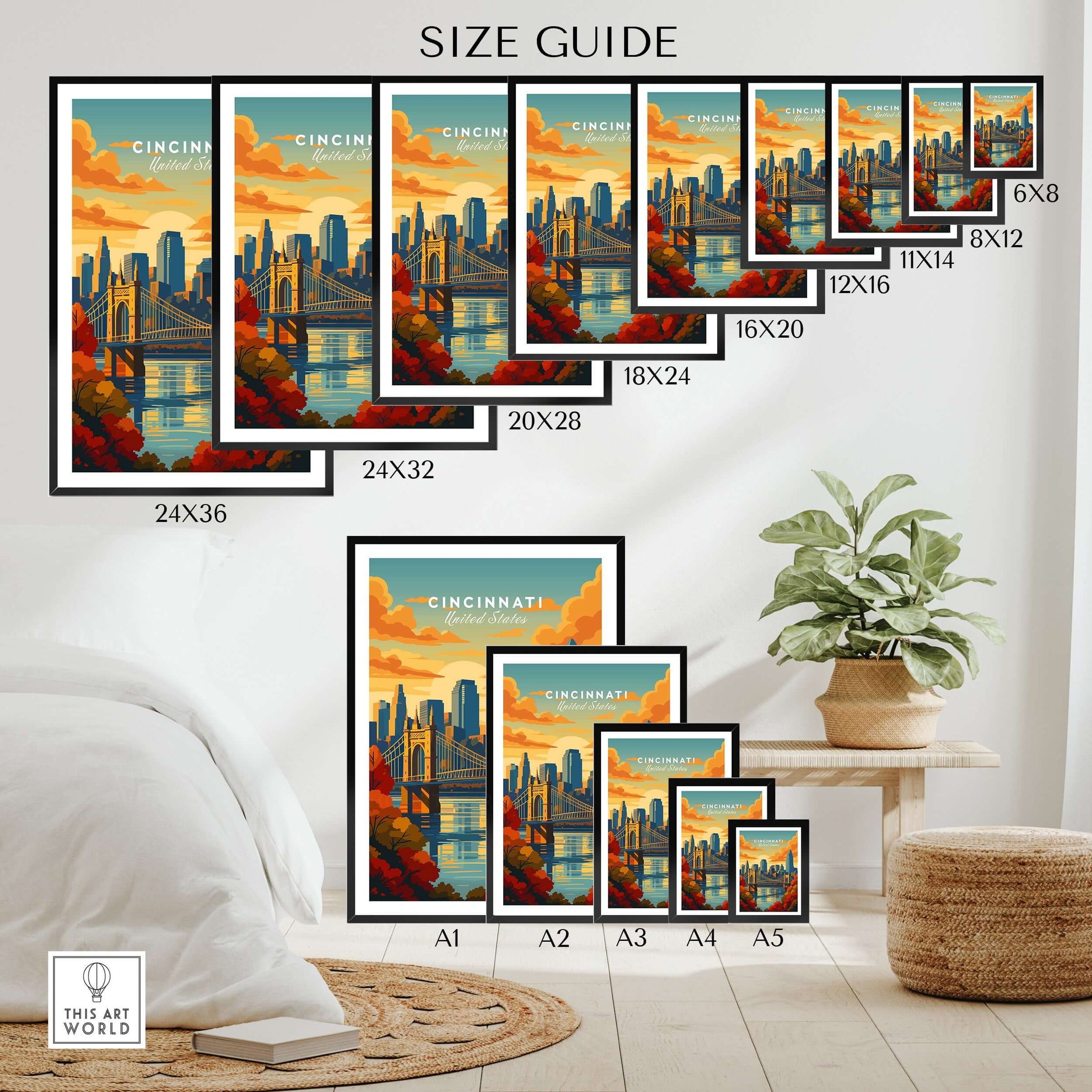 Cincinnati Sunset River Reflection Poster - Roebling Bridge Wall Art size guide showing various frame sizes.