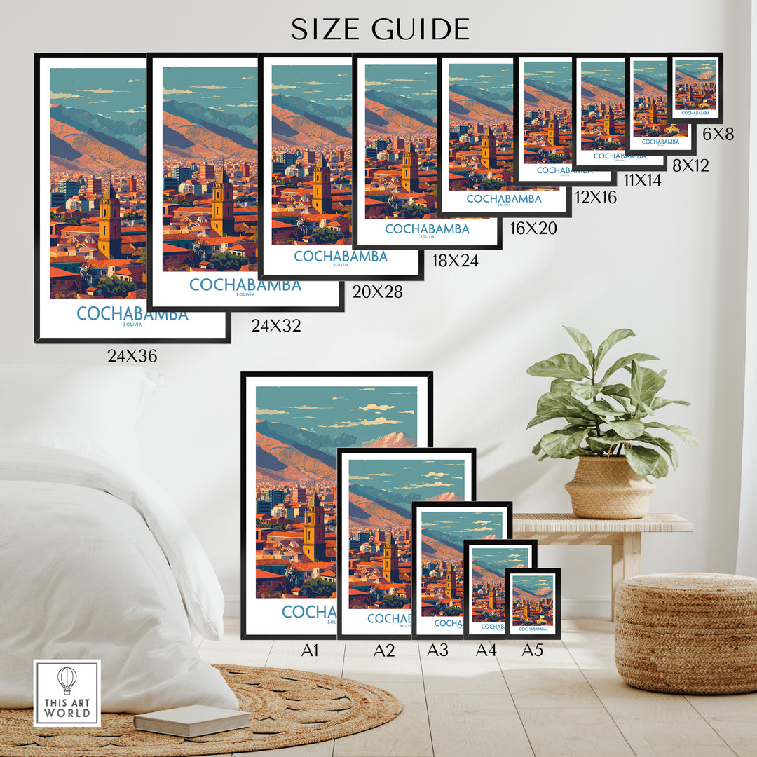 Size guide for Cochabamba Bolivia wall art prints, showcasing various sizes and cityscape design.
