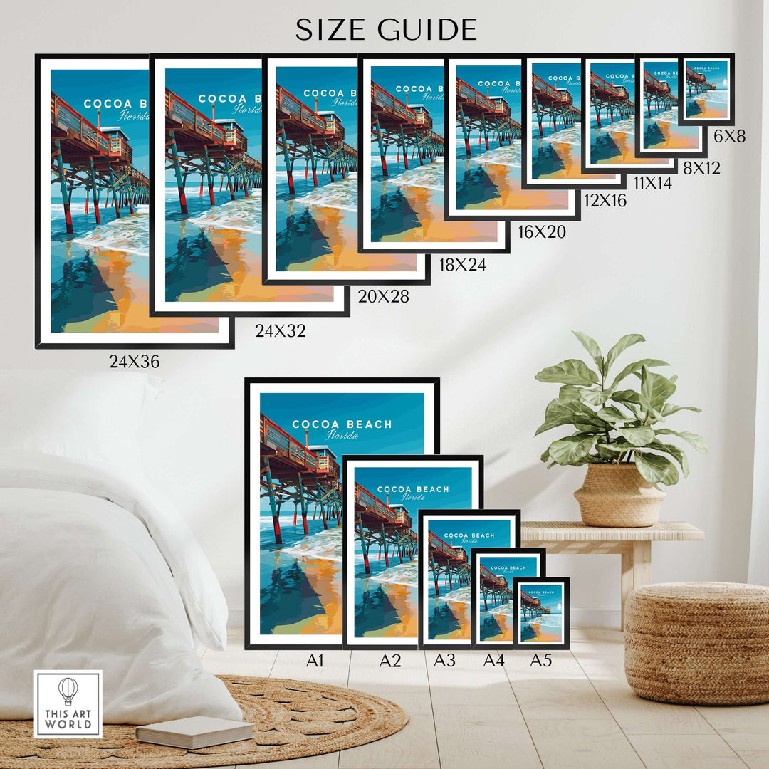 Cocoa Beach Florida Pier Print size guide showcasing various frame sizes for coastal wall art.