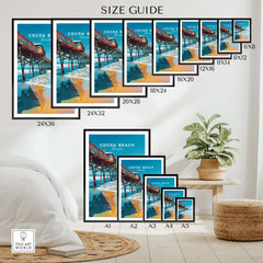 Cocoa Beach Florida Pier Print - Coastal Florida Wall Art size guide with various frame options displayed.