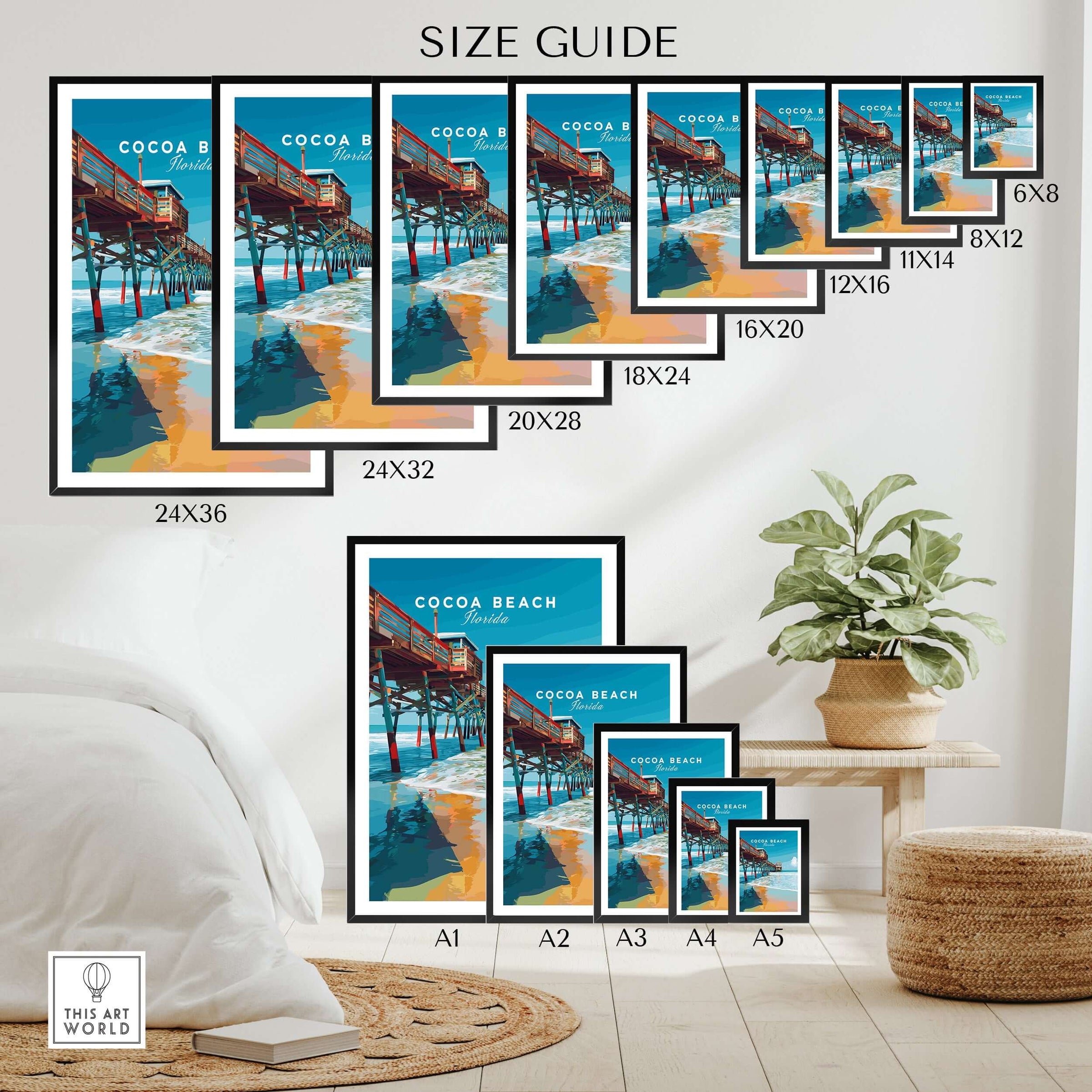 Cocoa Beach Florida Pier Print - Coastal Florida Wall Art size guide with various frame options displayed.