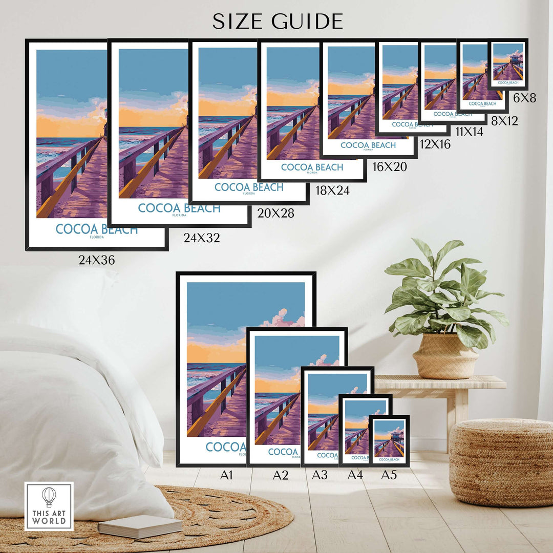 Size guide for Cocoa Beach Florida Wooden Pier poster in various dimensions displayed in a cozy interior setting.