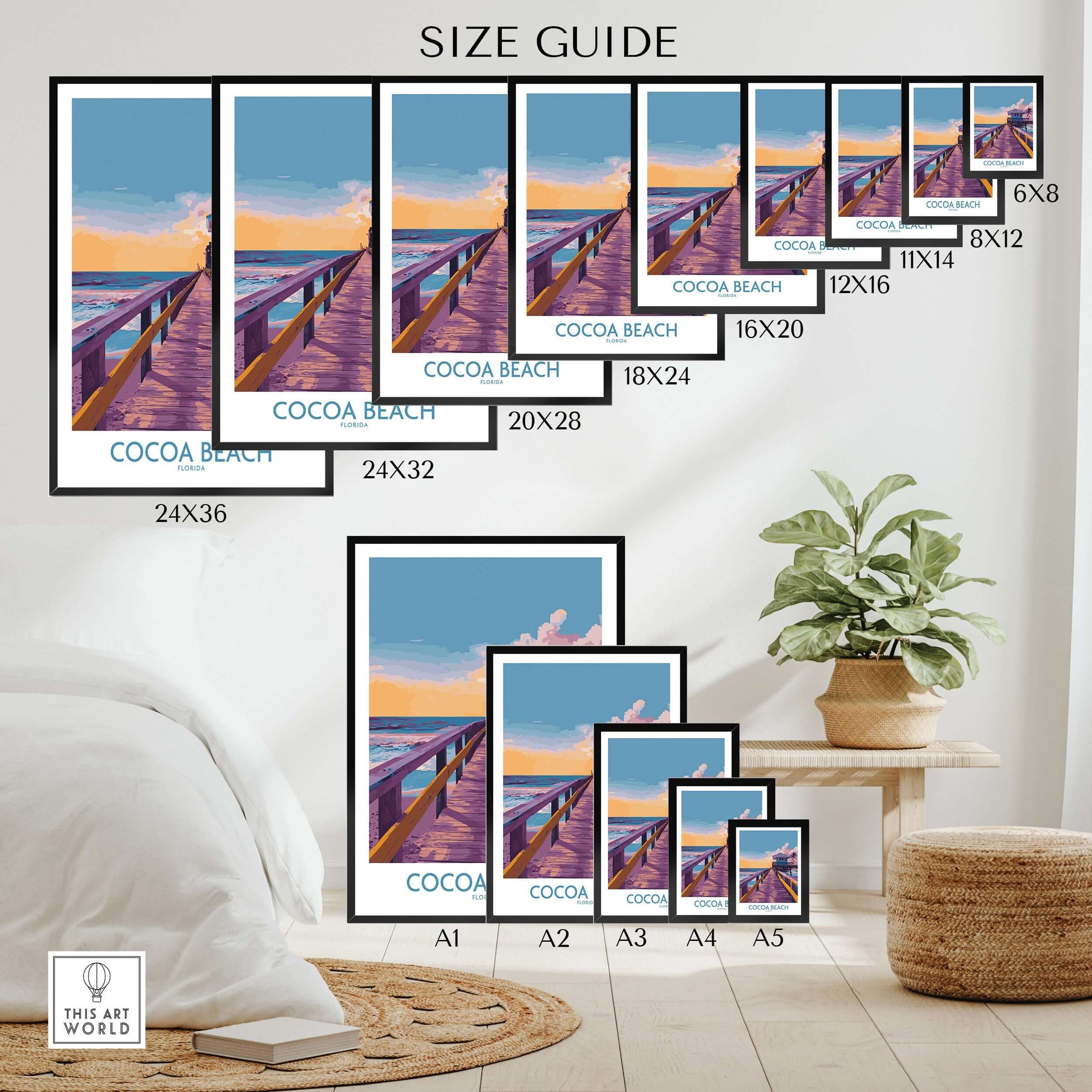 Cocoa Beach Florida Wooden Pier Poster - Golden Hour Sunset Decor size guide with various frame sizes displayed.