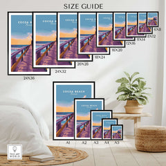 Cocoa Beach Boardwalk Print - Florida Sunset Wall Art size guide displayed in various frame sizes and styles.