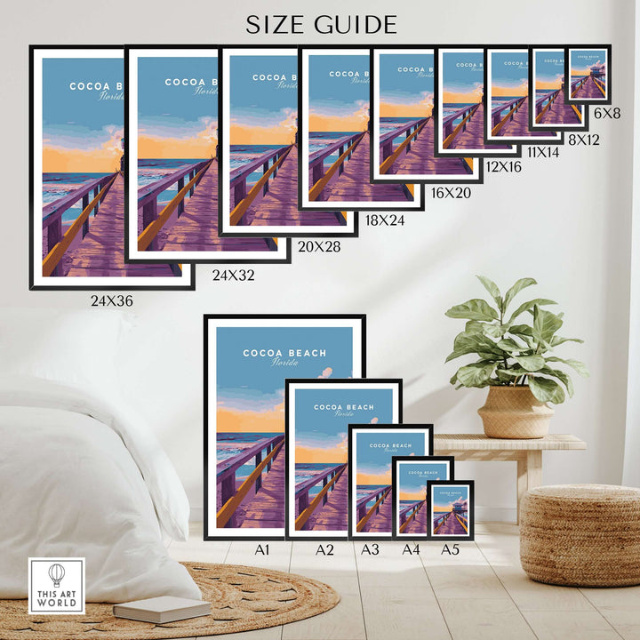 Size guide for Cocoa Beach Boardwalk print featuring various frame sizes and print designs inspired by Florida sunsets.