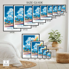 Cocoa Beach Rainbow Cloud Poster - Florida Travel Decor size guide showcasing different print dimensions.