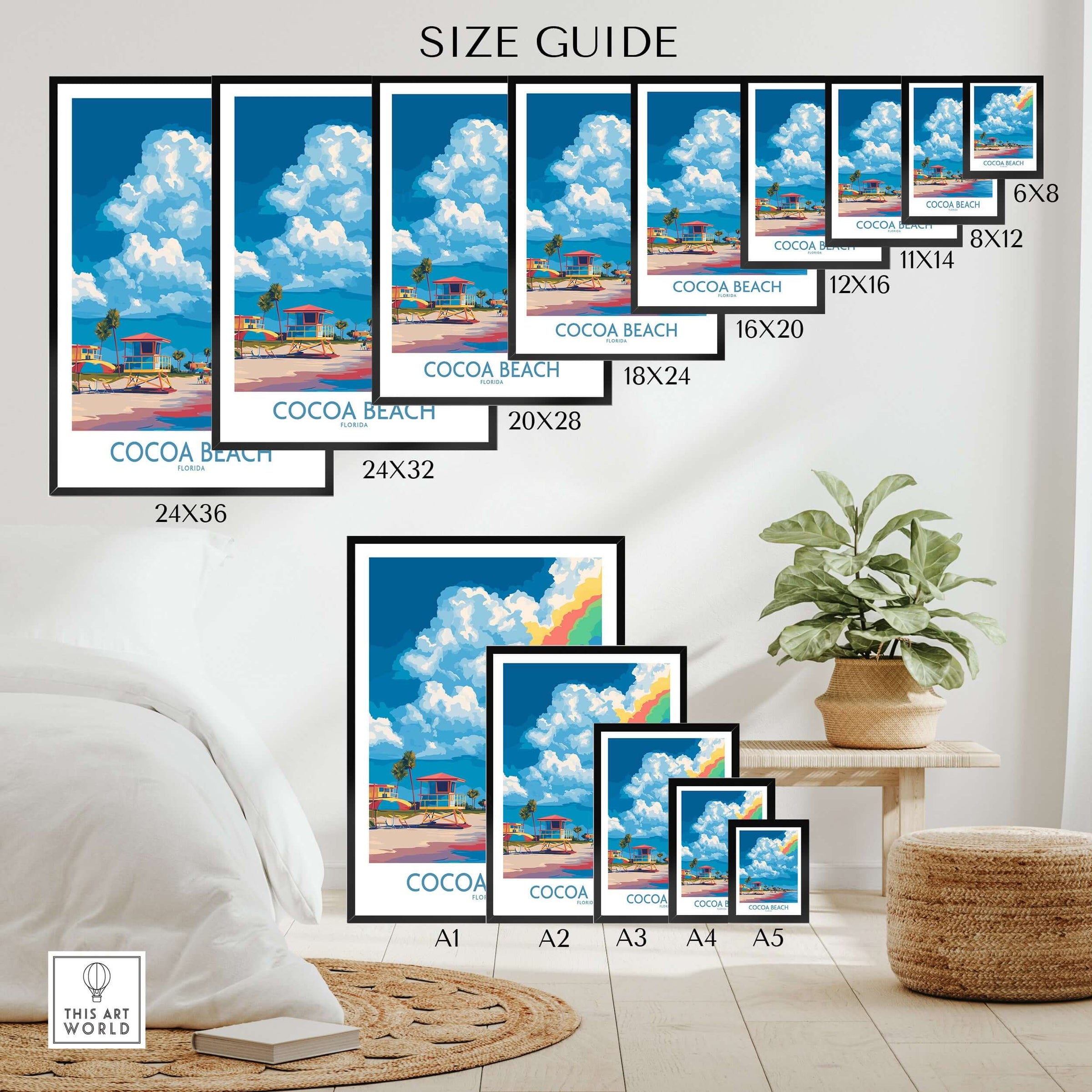 Cocoa Beach Rainbow Cloud Poster - Florida Travel Decor size guide showcasing different print dimensions.