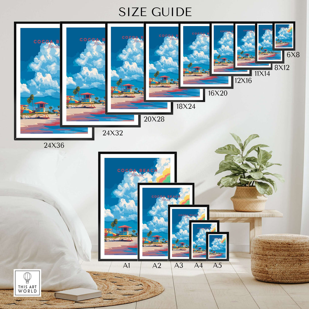 Cocoa Beach lifeguard stand print size guide with various frame dimensions displayed in a bright, cozy room setting.