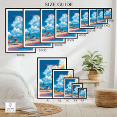 Cocoa Beach Lifeguard Stand Print - Florida Beach Wall Art size guide with various frame sizes displayed in a stylish interior.
