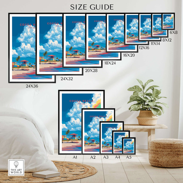 Cocoa Beach lifeguard stand print size guide with various frame dimensions displayed in a bright, cozy room setting.