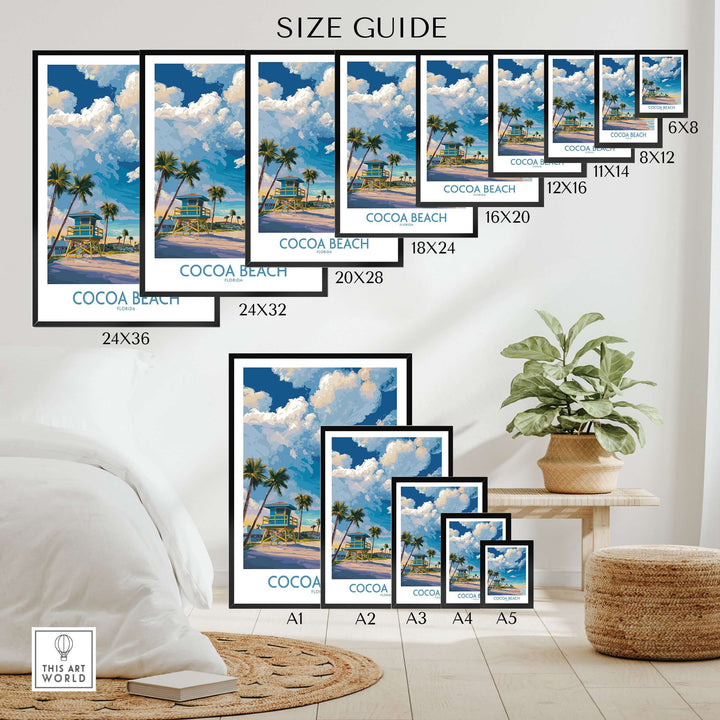 Size guide for Cocoa Beach Florida oceanfront landscape prints showcasing various frame sizes.
