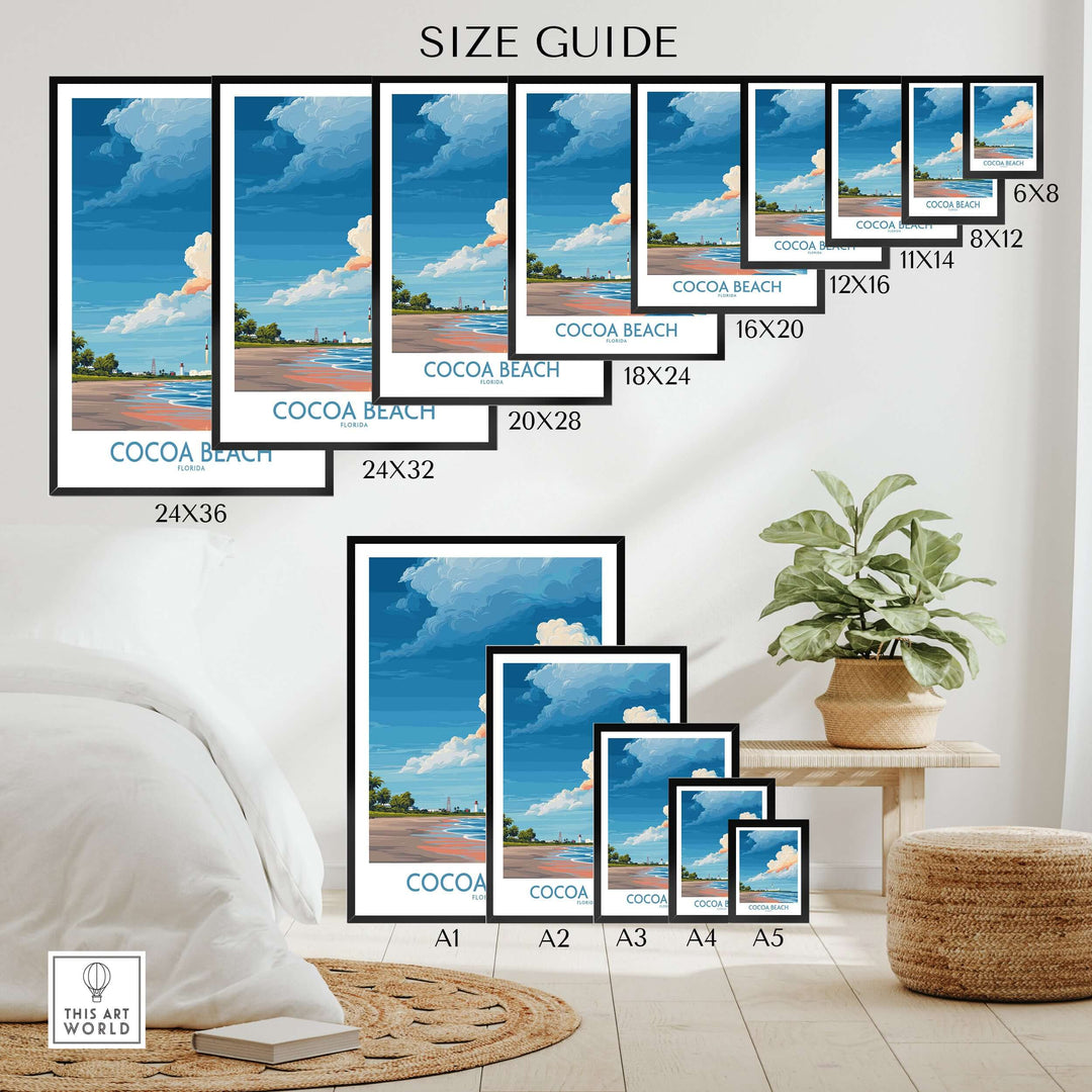 Size guide for Cocoa Beach Kennedy Space Center poster, showcasing various frame sizes and wall decor options.