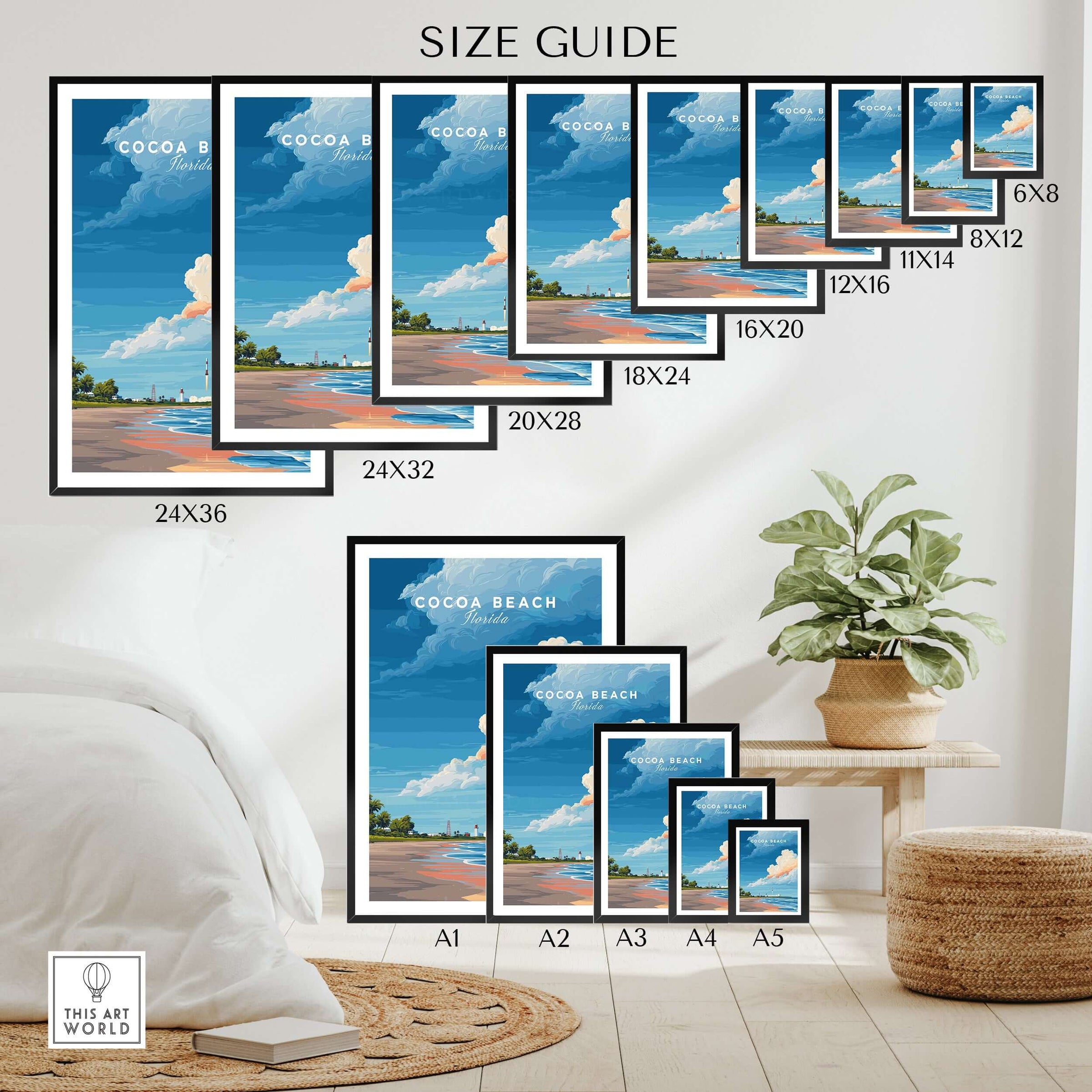 Cocoa Beach Florida Rocket Launch Print - Space Coast Wall Art size guide with various frame dimensions in a living room setting.