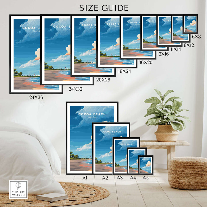 Size guide for Cocoa Beach Florida Rocket Launch print, showcasing various frame sizes for wall art.