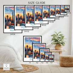 Dallas Texas Sunset Wall Art - Modern City Travel Decor size guide for various frame dimensions and display options.