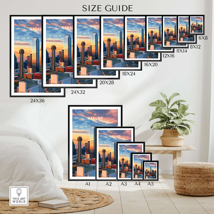 Size guide for Dallas Texas Reunion Tower skyline poster prints in various sizes, showcased in a stylish room setting.