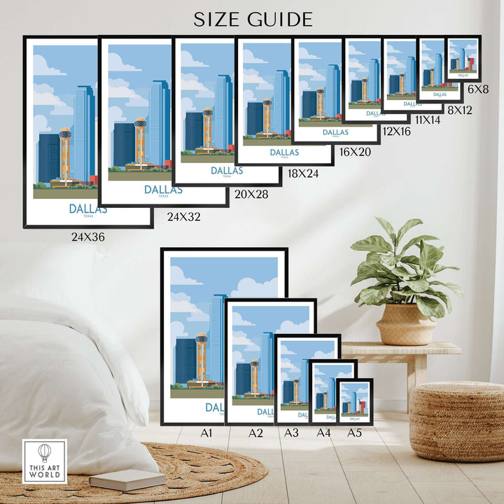 Size guide for Dallas Cityscape Poster, showcasing various print sizes and urban skyline design for Texas wall art.