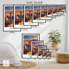 Dallas Downtown at Dusk Wall Art - Texas Urban Decor size guide with various frame dimensions displayed.