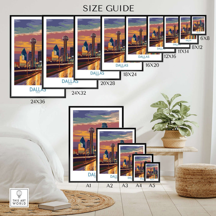 Size guide for Dallas Downtown at Dusk wall art, showcasing various sizes and vibrant skyline design.