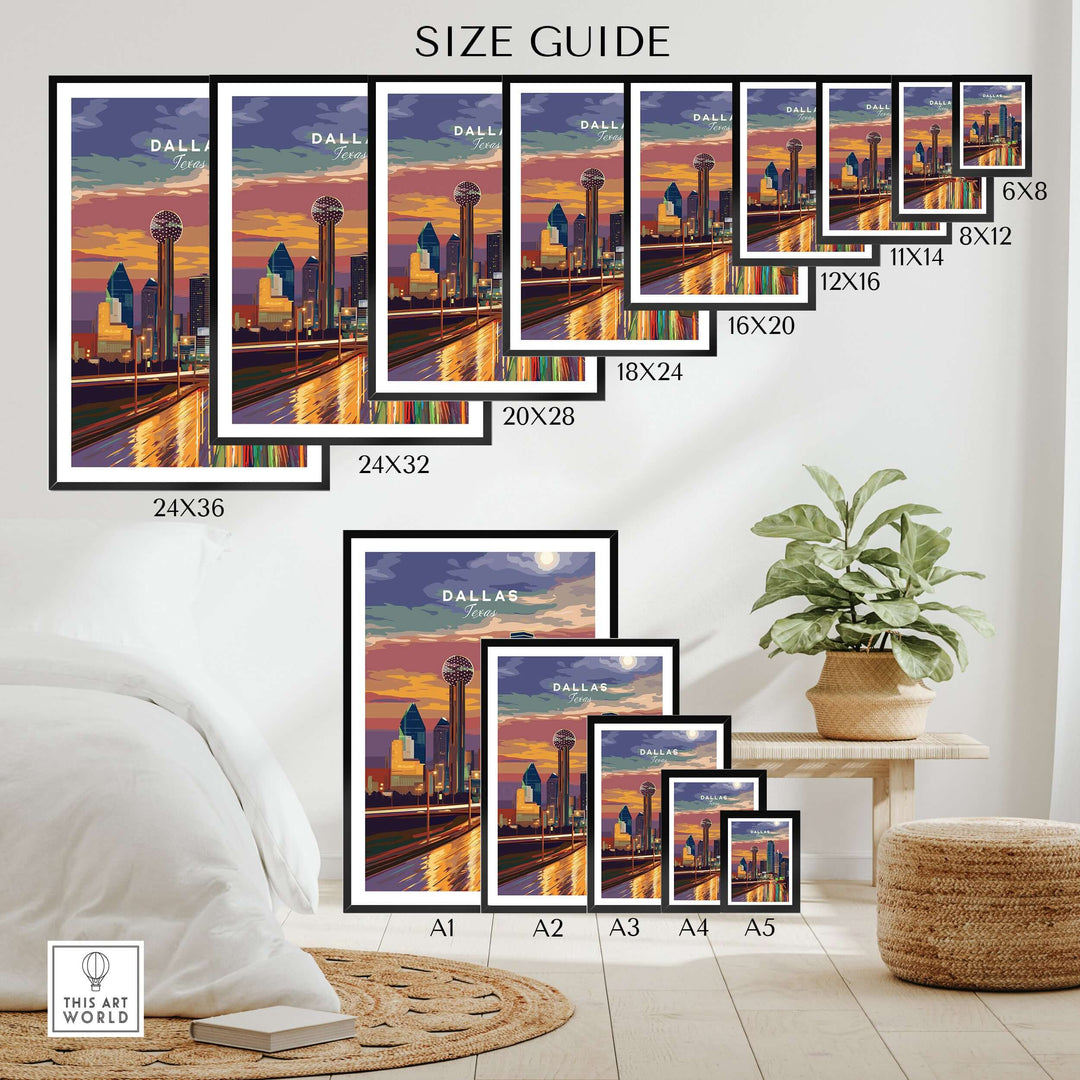 Size guide for Dallas Texas Highway Night Lights poster showcasing various frame sizes in a cozy living room setting.