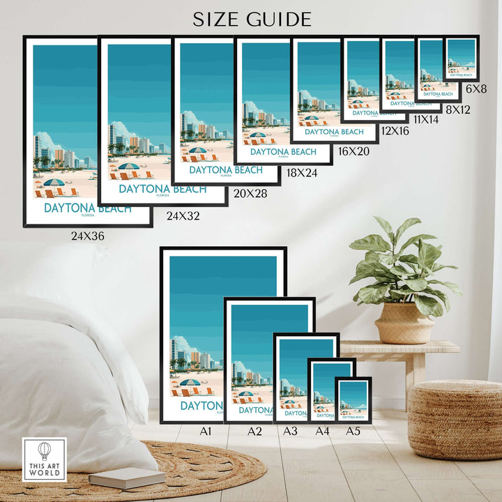 Size guide for Daytona Beach Tropical Beachfront Poster showcasing various frame sizes and styles for decor options.