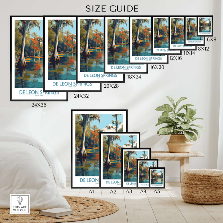 Size guide for De Leon Springs Cypress Trees & Water Print in various frames and sizes, displayed in a home setting.