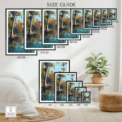 De Leon Springs Poster - Serene Florida State Park Wall Art size guide showcasing various frame sizes in a cozy interior setting.