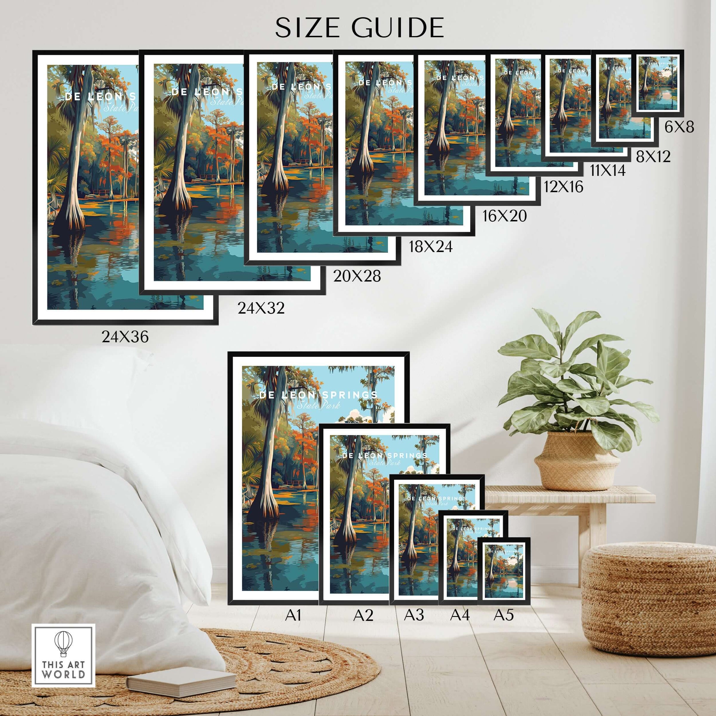 De Leon Springs Poster - Serene Florida State Park Wall Art size guide showcasing various frame sizes in a cozy interior setting.