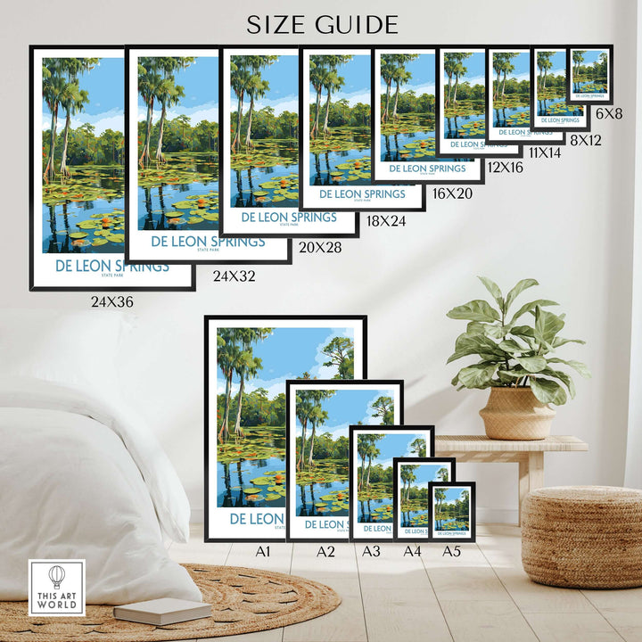 Size guide for De Leon Springs Florida Green Lily Pond Poster showcasing various frame sizes and designs.