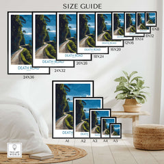 Death Road Bolivia Mountain Art Print | Yungas Camino Poster size guide with various frame dimensions on display.