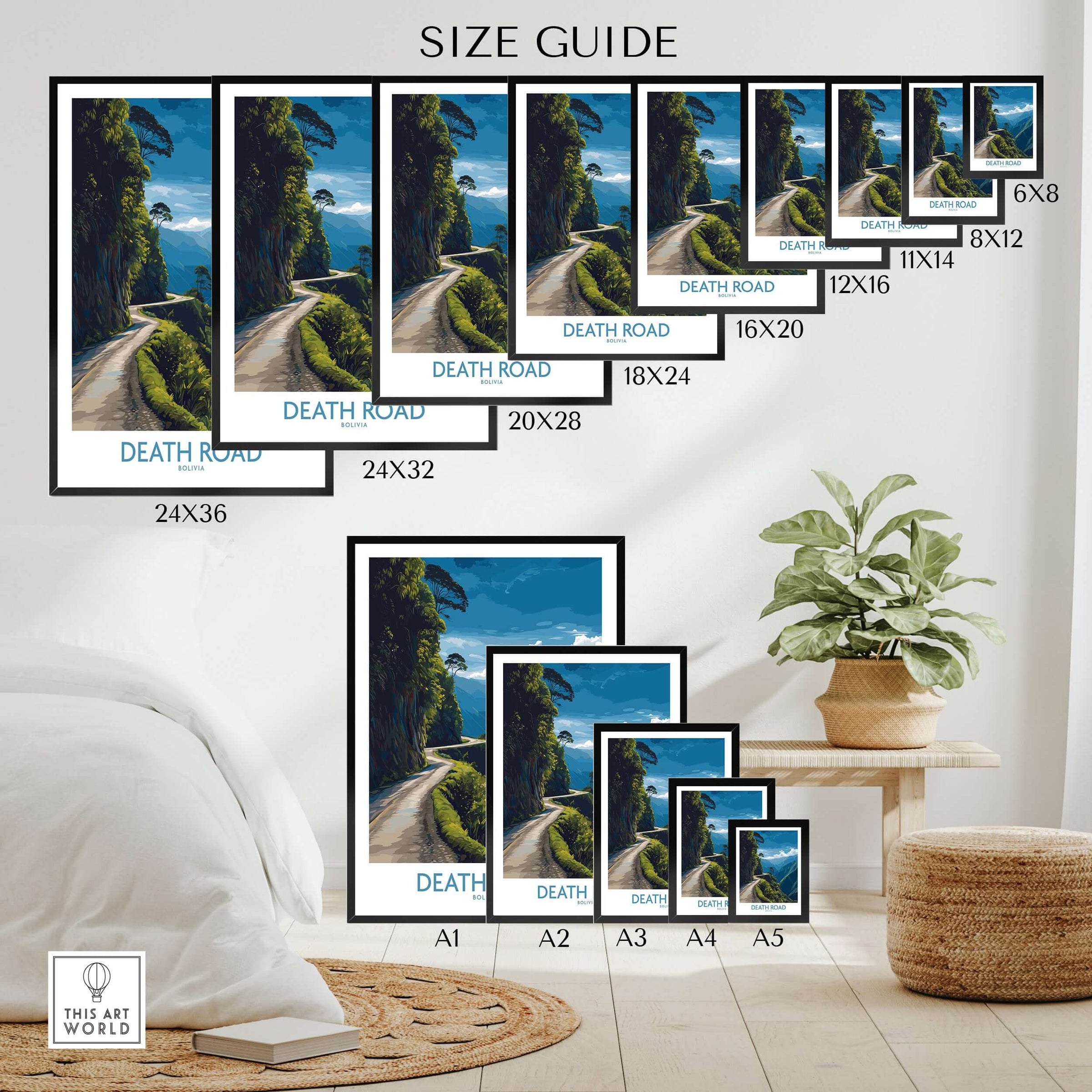 Death Road Bolivia Mountain Art Print | Yungas Camino Poster size guide with various frame dimensions on display.