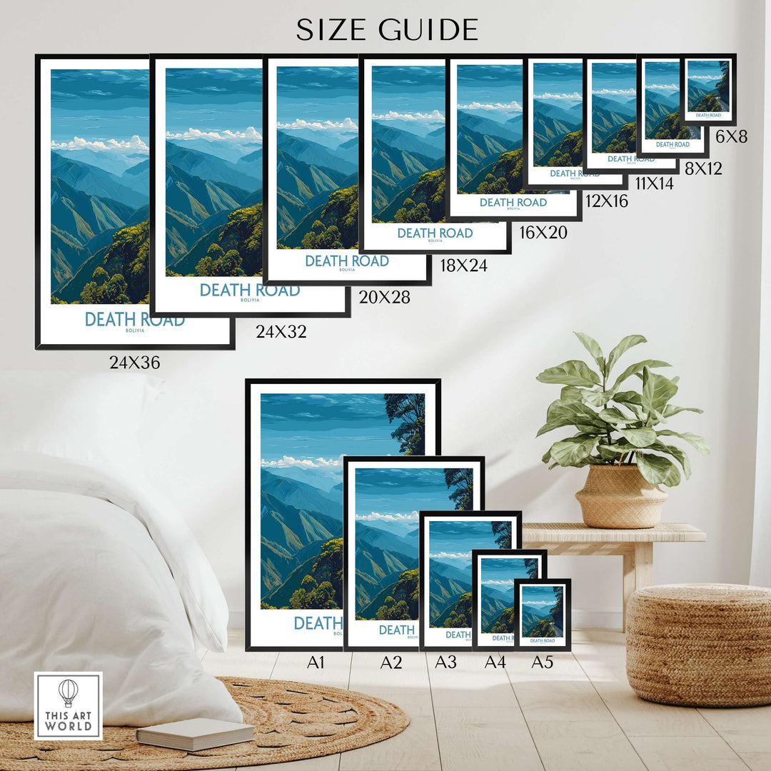 Death Road Bolivia Hiking Trail Art Print | Camino de la Mortes Poster size guide featuring various frame sizes.