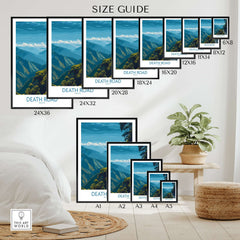 Death Road Bolivia Hiking Trail Art Print | Camino de la Mortes Poster size guide showcasing various frame sizes.