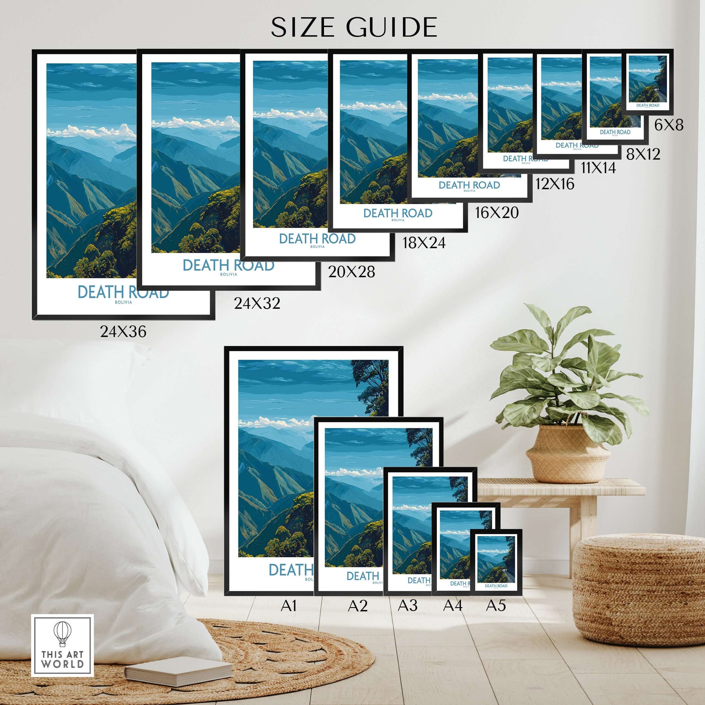 Death Road Bolivia Hiking Trail Art Print | Camino de la Mortes Poster size guide showcasing various frame sizes.
