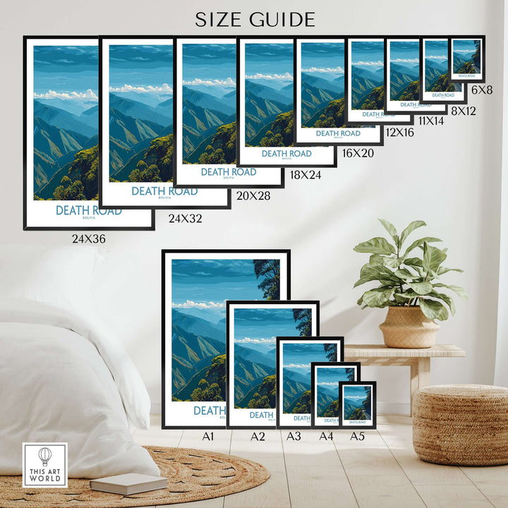 Death Road Bolivia Hiking Trail Art Print | Camino de la Mortes Poster size guide featuring various frame sizes.