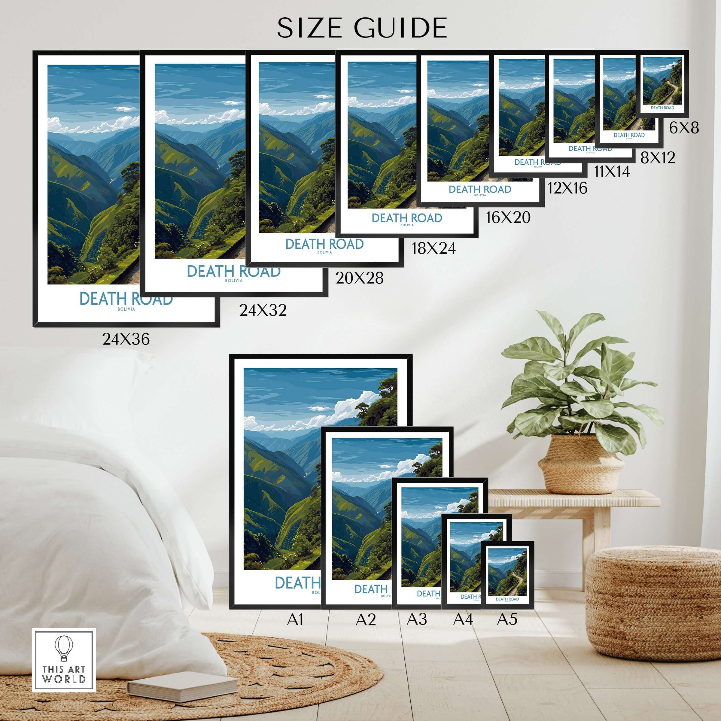 Death Road Bolivia Art Print | Yungas Road Poster size guide with framed prints in various dimensions.