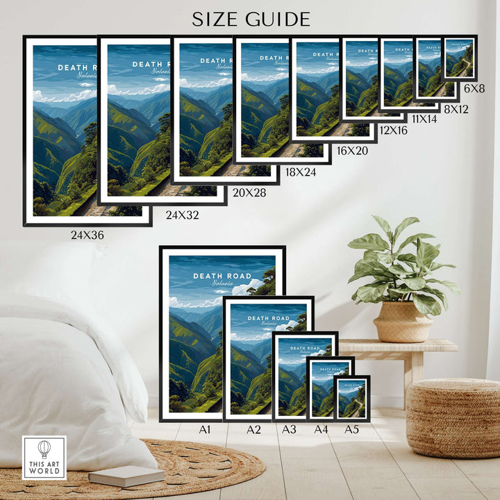 Death Road Andes Print | Yungas Road Poster size guide showcasing various frame sizes in an interior space.
